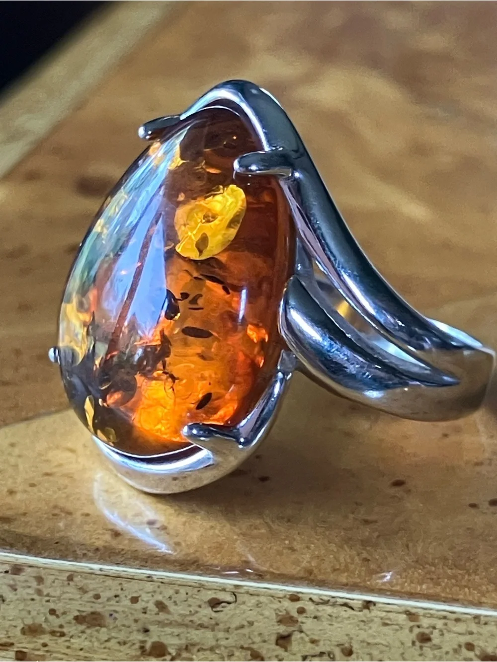 Genuine Amber Sterling Silver Ring Size 6